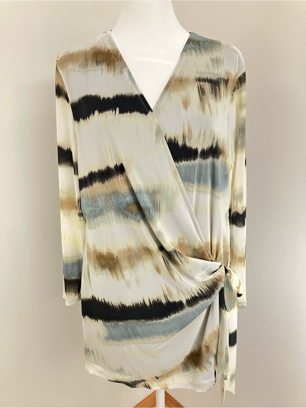 Anne Klein Cream Faux Wrap Blouse with Black, Taupe & Blue Brushstrokes